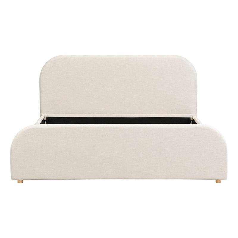 Structure de lit avec tête de lit tapissier recouverte de lin, pieds en bois massif, beige, Très grand