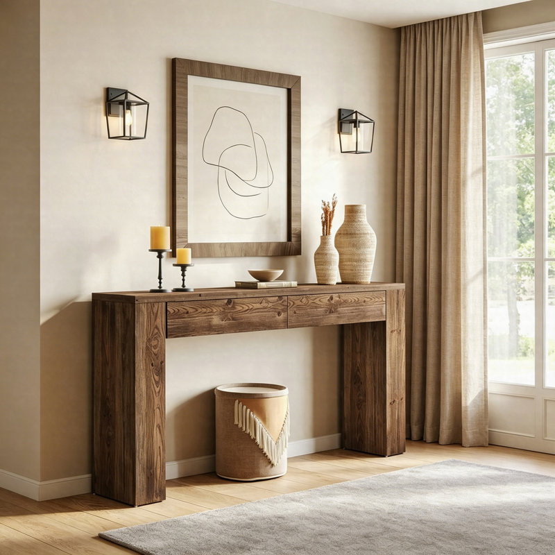 Console 63 po en bois massif avec tiroirs, table de canapé derrière le canapé, table d'entrée avec rangement caché