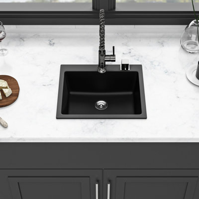 Black Quartz Kitchen Sink 25X22", Advanced Composite For A Spotless Drop-In - 25X22" Black, Keeps