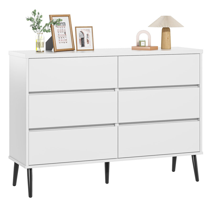 Commode 6 tiroirs pour chambre à coucher, commode double blanche moderne avec poignées invisibles