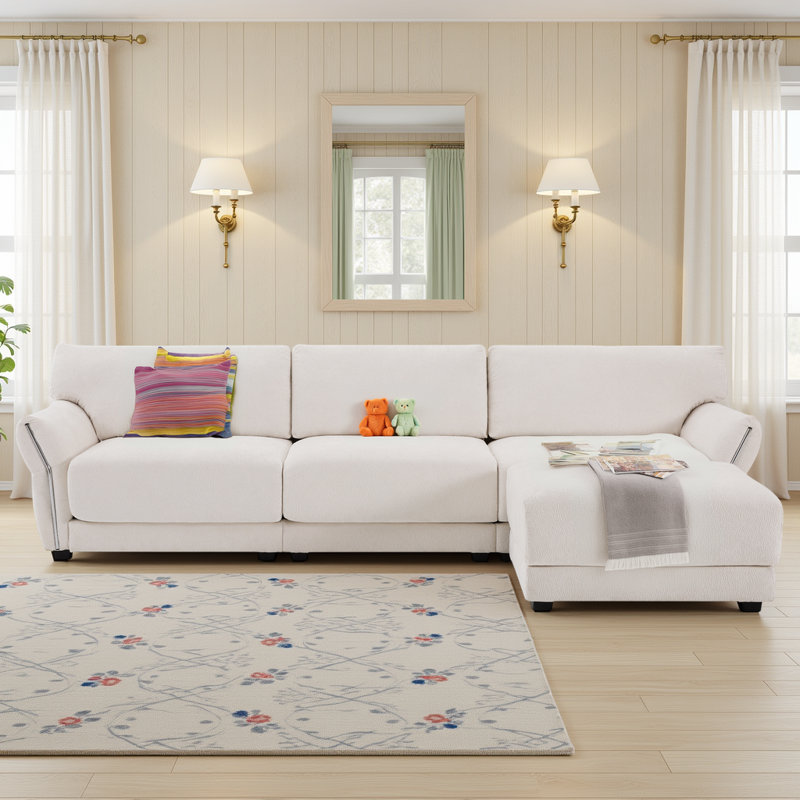 Canapé modulaire en L en chenille 4 places avec chargeurs USB / Type-C, accoudoirs et repose-pieds Petal, structure en bois