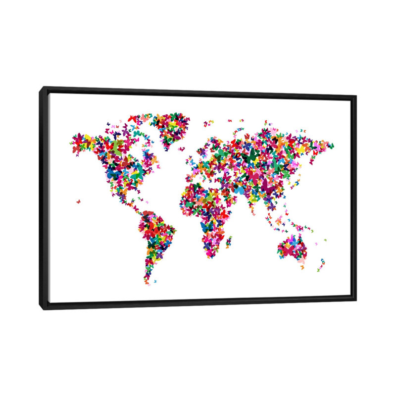 « papillons world map », impression sur toile, H 18 po x l 26 po x P 1,5 po, Toile avec cadre flottant noir, Pas de tapis