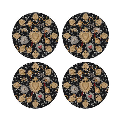 Ex Vote Skulls Black Vegan Leather Round Pebble Placemat