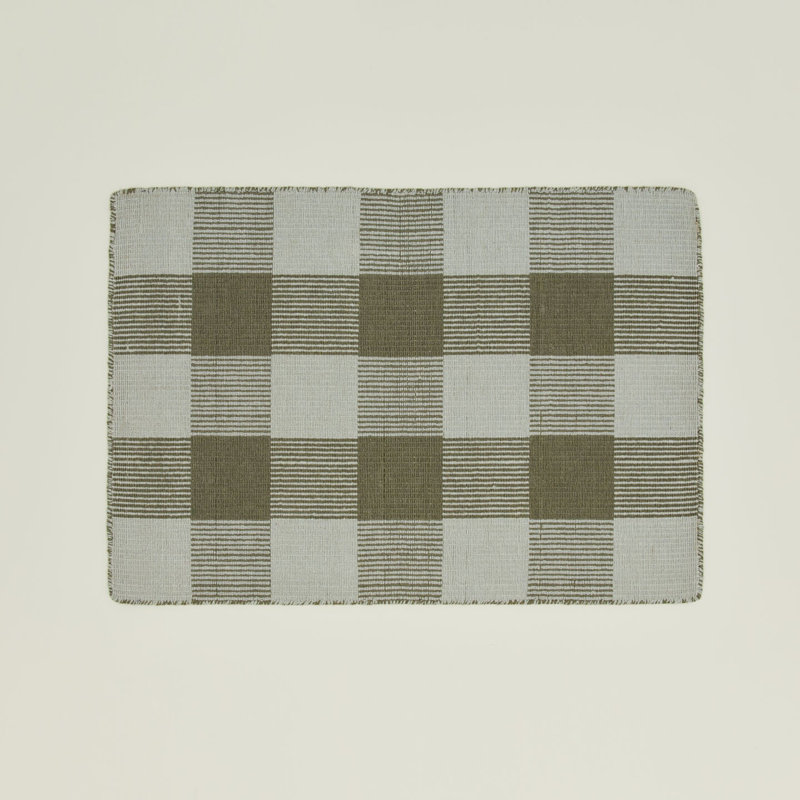 Charliss Gingham Machine Woven Flatweave Shag Wool Area Rug in Olive/Sage, Runner 2'6" x 8'