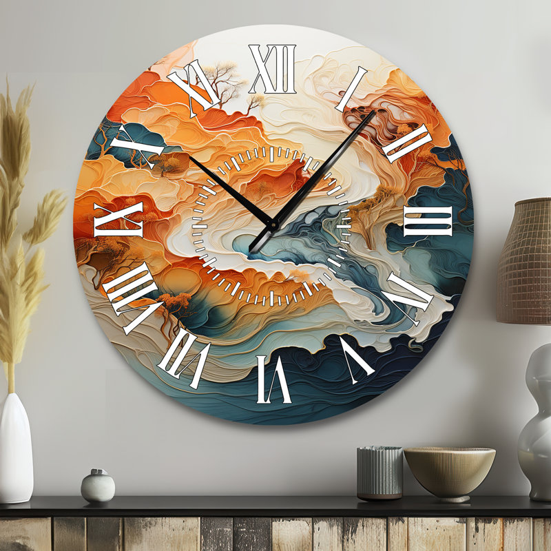 Horloge murale abstraite orange et bleue «I» - cadran abstrait en marbre blanc, Grand