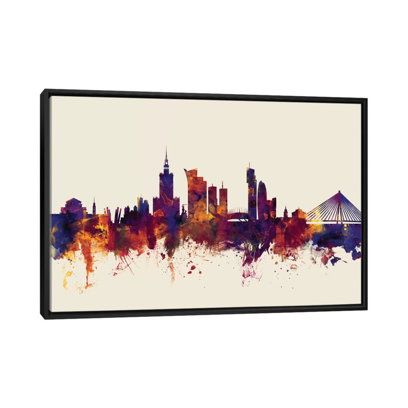 Série horizon : varsovie, pologne, impression sur toile tendue beige, H 18 po x l 26 po x P 1,5 po, Toile avec cadre noir