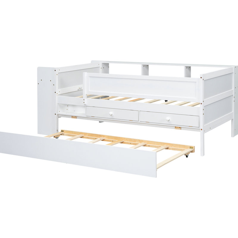 Lit de jour simple blanc avec tiroirs, lit gigogne, rangement pour tête de lit, bureau et station de charge