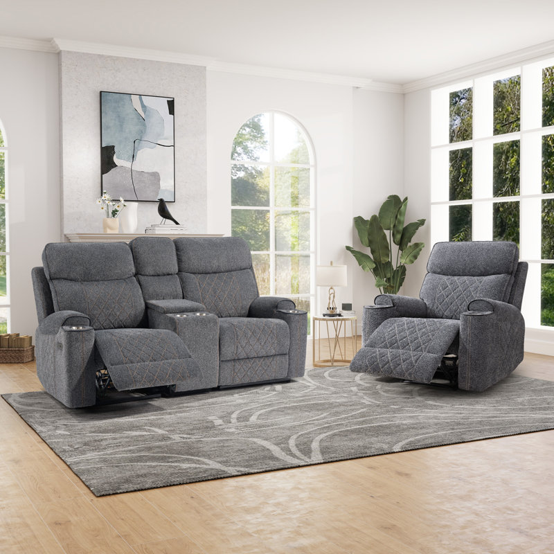 Ensemble de salon 2 pièces inclinable électrique en chenille 2 pièces, 2 Pcs: Chair, Loveseat