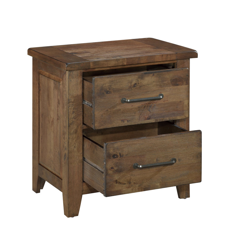 Table de chevet transitionnelle classique - chambre rustique, bois d'hévéa massif, finition brunie, bois d'hévéa 2 tiroirs avec tiroirs attrayants,