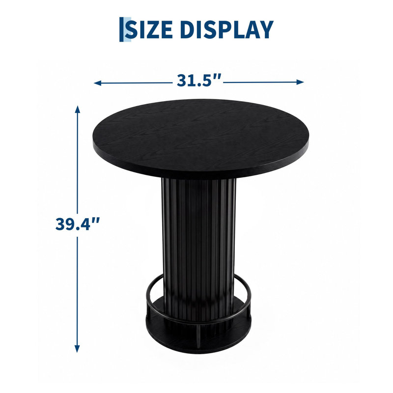Table de bar ronde de 80 cm (31,5 po) avec piètement ondulé en fer et repose-pieds, table de bistrot de 100 cm (39,4 po) de haut pour petits espaces, noire