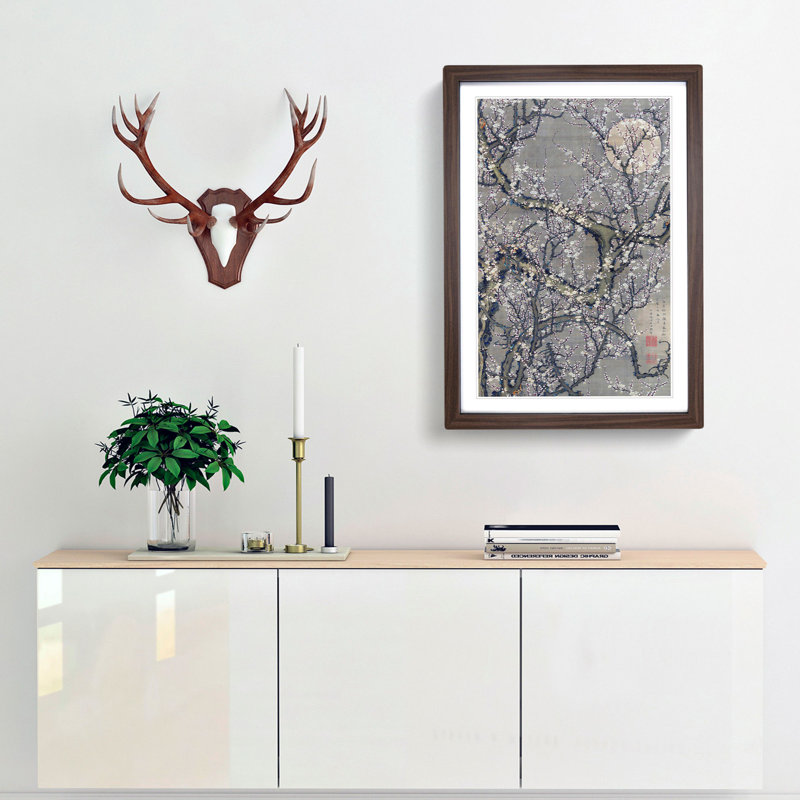 White Plum Blossom & Moon by Ito Jakuchu - Framed Print, 65cm H x 48cm W x 2cm D, Walnut Framed
