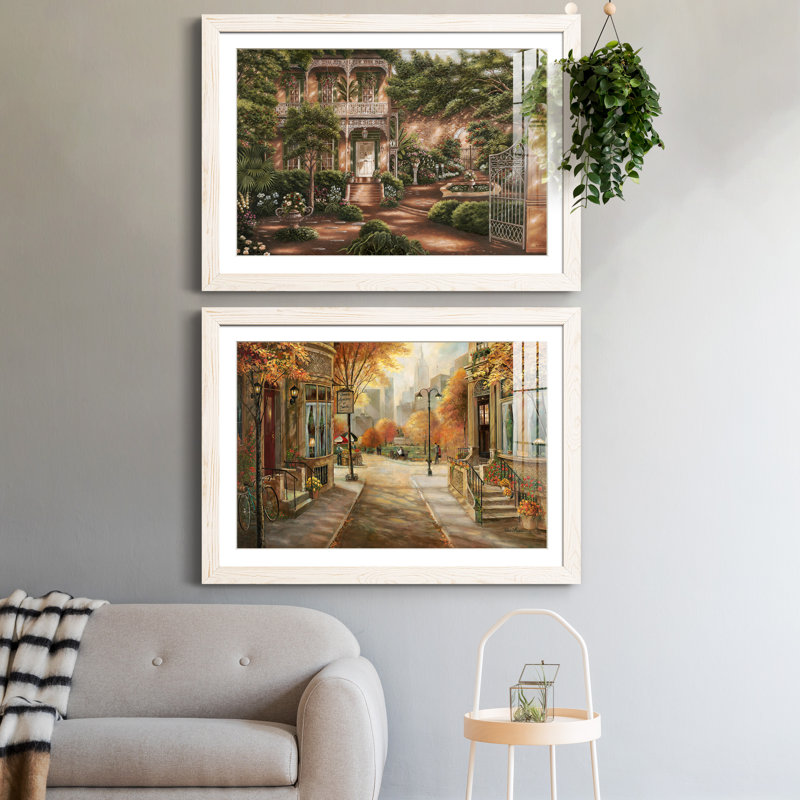 Jane's Courtyard II - ensemble de 2 peintures encadrées, H 31,5 po x l 47 po x P 1,5 po, Papier encadré blanc