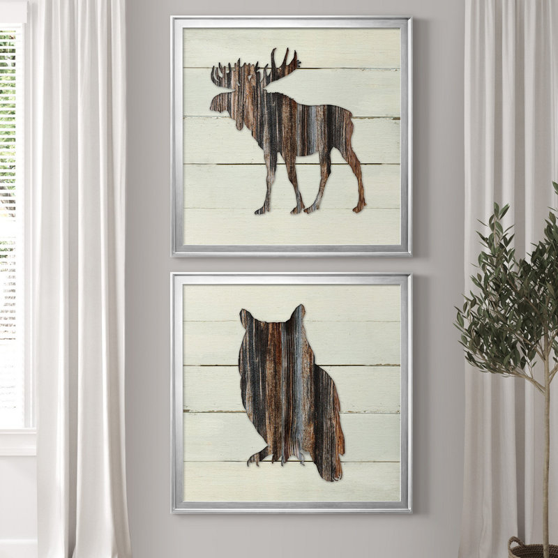 Woodland Moose - ensemble de 2 reproductions d'art graphique, H 26,5 po x l 53 po x P 1,5 po, Toile avec cadre argenté