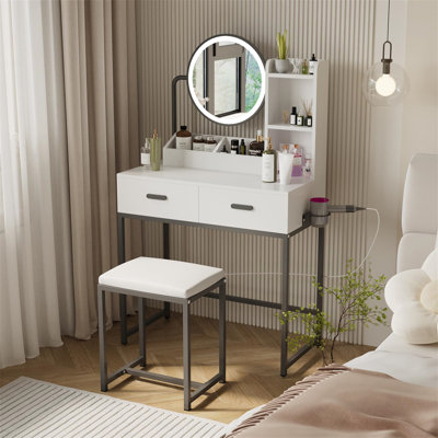 Dressing Table With Lighted Mirror And Lamp, Bedroom Compact Dressing Table With 2 Large Drawers With Hairdryer Holder And Upholstered Stool