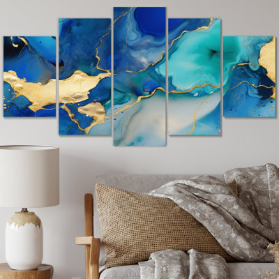 Bleu et or, art abstrait fluide de luxe, impression sur toile, fractales, 5 panneaux
