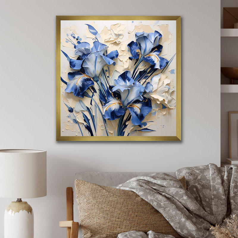 «Blue and White Garden of Irises II», reproduction sur toile, Cadre doré simple, H 30 po x l 30 po x P 1 po