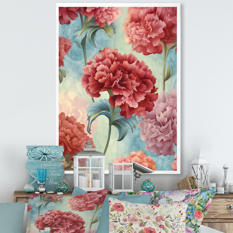 Harmonie des œillets rouges sur toile, Cadre simple blanc, H 44 po x l 34 po x P 1,5 po