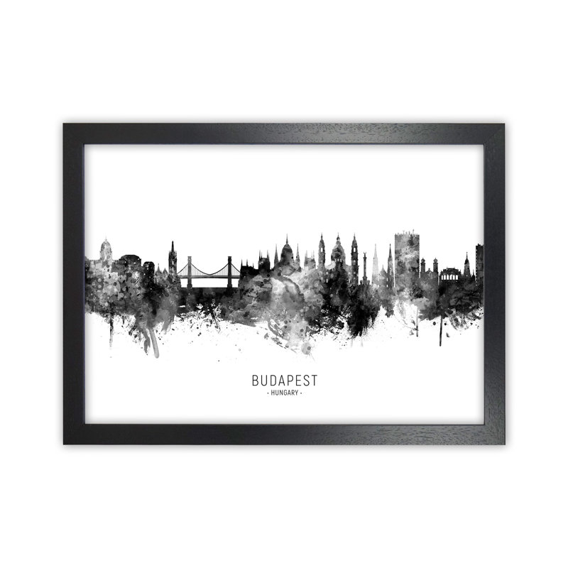 Budapest Hungary Skyline Black White City Name by Michael Tompsett - Print, 46cm H x 63cm W x 3cm D, Black Framed