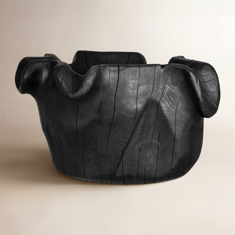 13.8x11.8x7.9" Black Teak Wood Bowl with Raised Uneven Edges, Black
