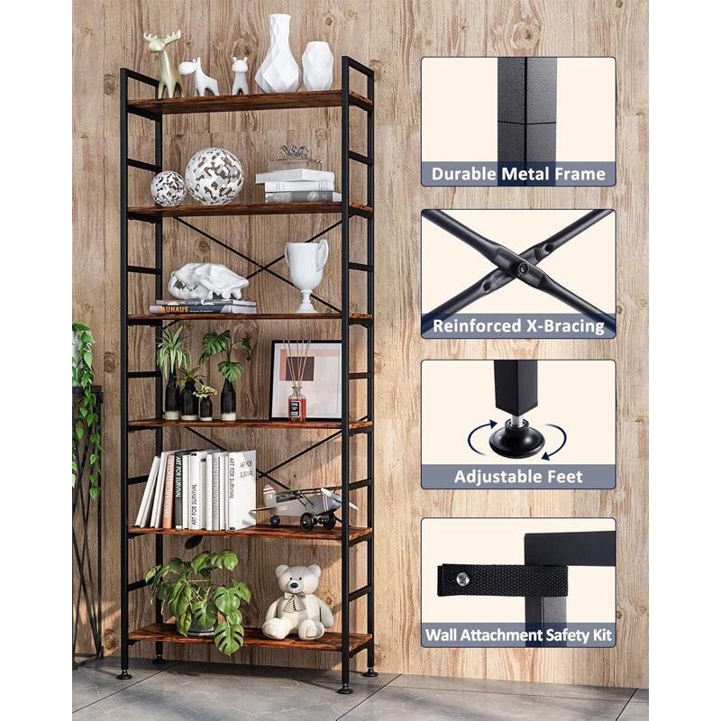 6-Tier Adjustable Bookshelf With Rustic Wood And Metal Design, Heavy-Duty Industrial Bookcase With Open Back, Modern Office Shelf Unit For Home And Office Storage