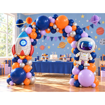 Ensemble de guirlande de ballons spatiaux, 118 ballons, fusée et astronaute, décor d'anniversaire lilas orange marine