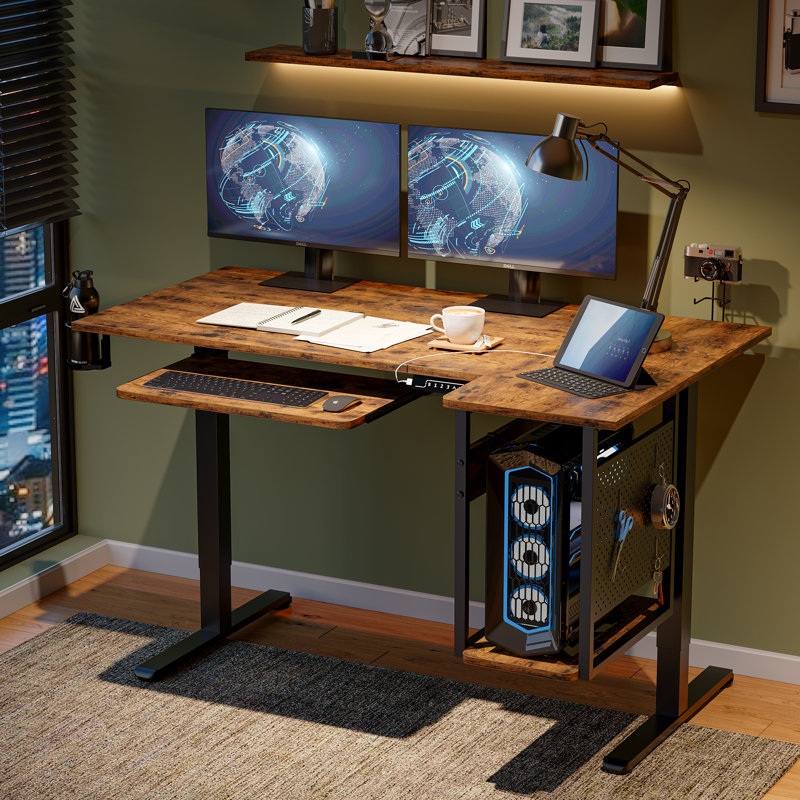 Labelle 57.5" W L-Shaped Standing Desk with Keyboard Tray , Rustic Brown