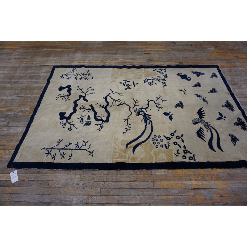 Ivory Scenic Bird of Paradise Antique Chinese Bat Cloud Band Design Peking Rug