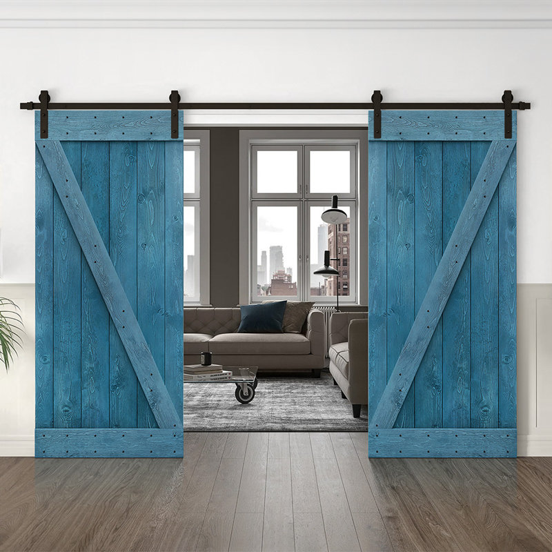 Porte de grange en bois massif lambrissé et métal, 40 po x 84 po, Bleu océan