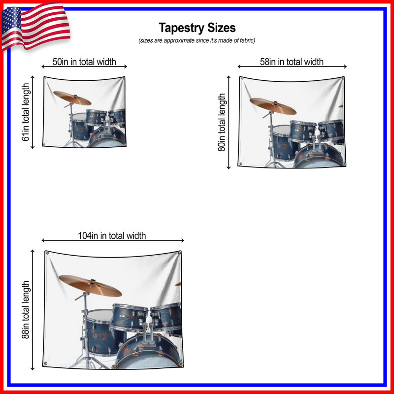 Tapisserie murale «Blue Drum Set» - Décoration murale musique, H 68 po x l 80 po avec 4 œillets