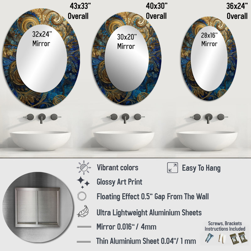 «Pratha Blue and Gold Melody Of Boho II», miroir mural décoratif en plumes, miroir, 36 po x 24 po, Ovale
