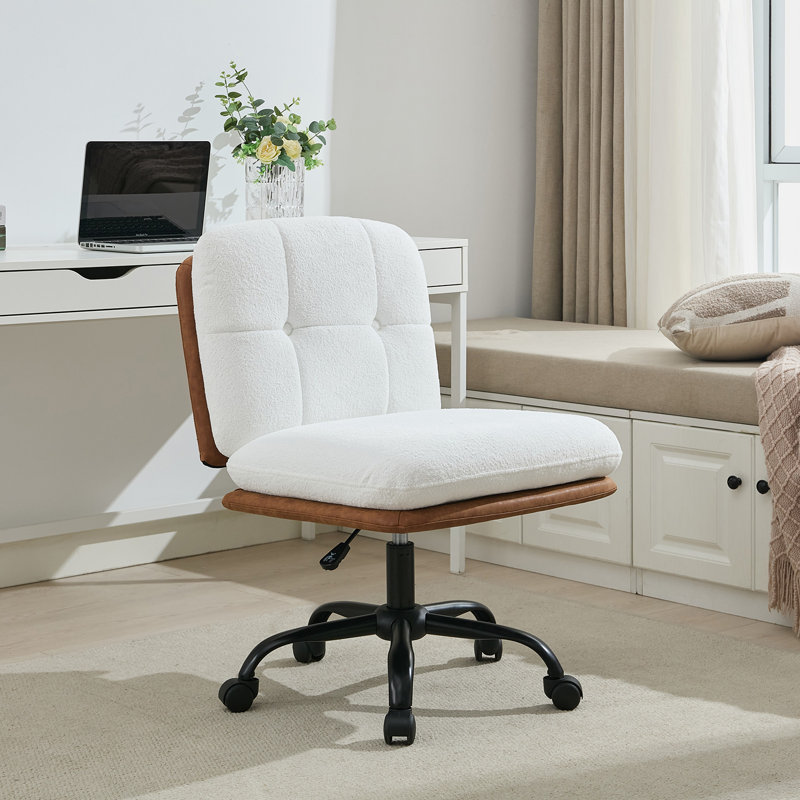 Velvet Upholstered Armless Office Chair with Metal Frame , White/Brown