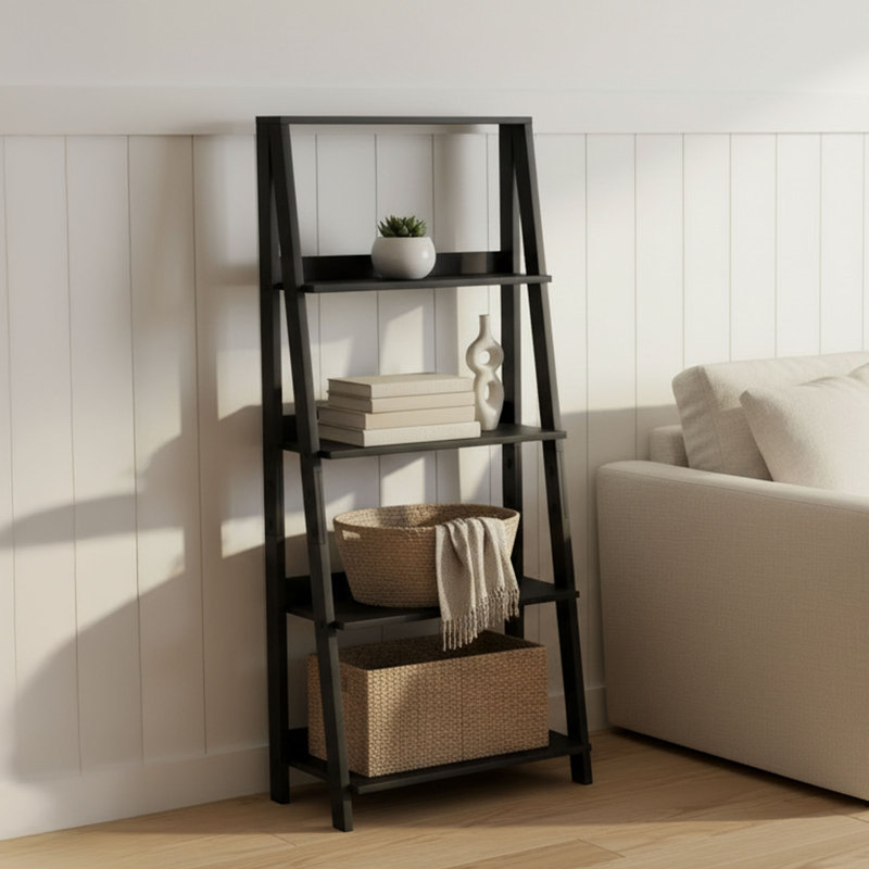 Lavish Home24"L x 13"W x 55.25"H 4-Tier Leaning Ladder Bookshelf, Black, Black, (4 Shelves) 55.25"H x 24"W x 13"D