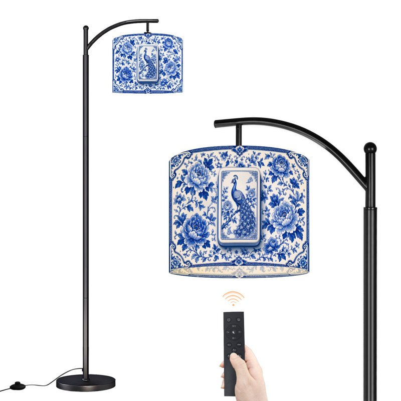Lampe sur pied à arc avec abat-jour réglable paon bleu floral Chinoiserie Mahjong