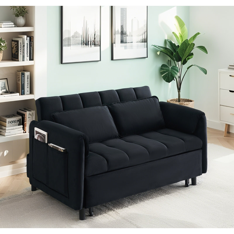 52" Modern Velvet Sofa Bed - 3-In-1 Convertible with Pillows & Side Pockets, Black