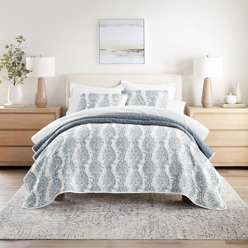 Quilt Coverlet Set All Season Patterned Reversible Microfiber Ultra Soft Bedding in Classic Damask, Blue