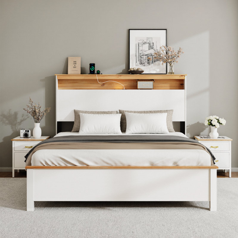 Wooden Bed with Charging Station Storage Headboard, Queen