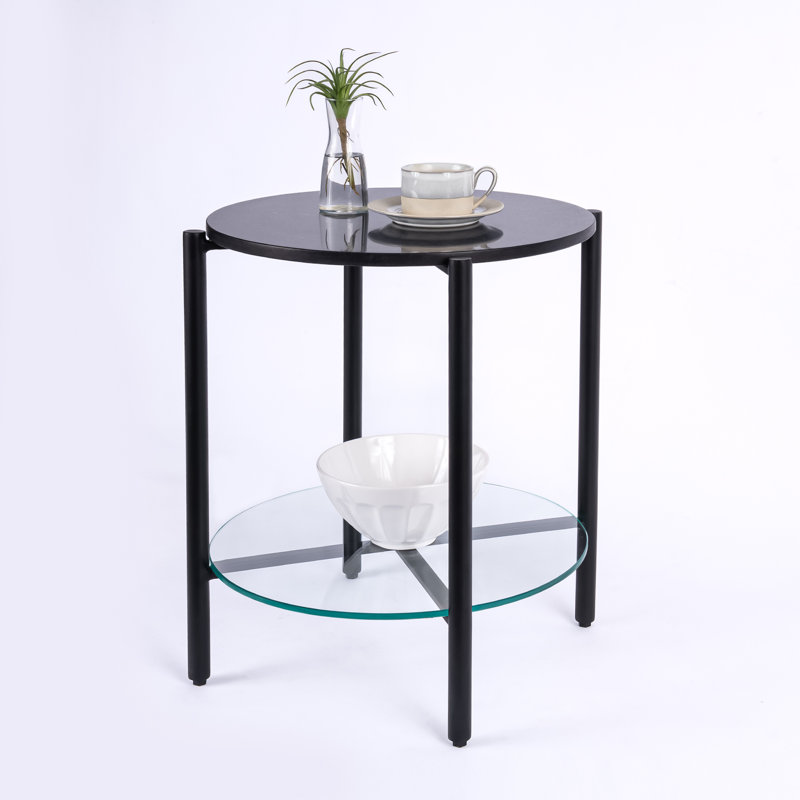 Table de bout avec rangement en marbre et verre Ansted, Noir, Noir