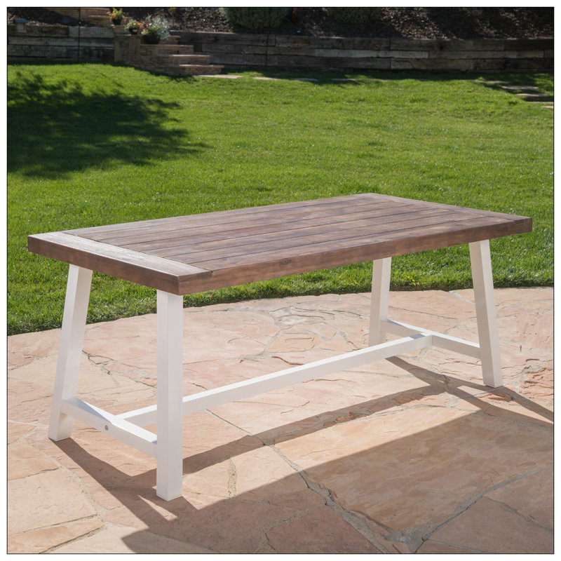 Table de salle à manger d'extérieur en bois d'acacia brun sablé foncé avec cadre en métal rustique blanc