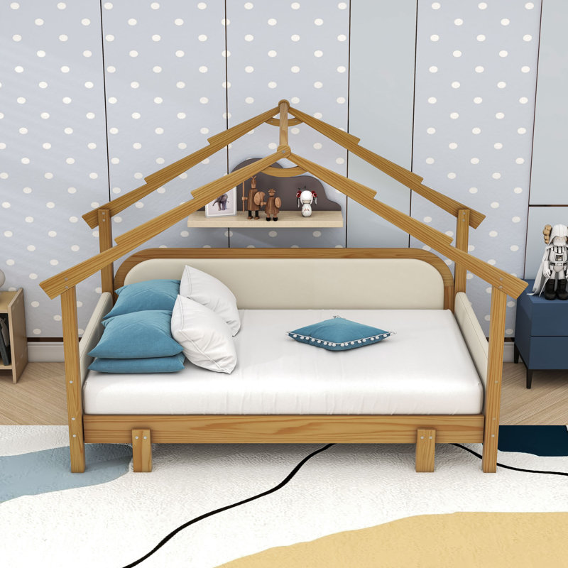 Lits pour enfants simples en bois avec cadre de maison et conception ludique, Blanc