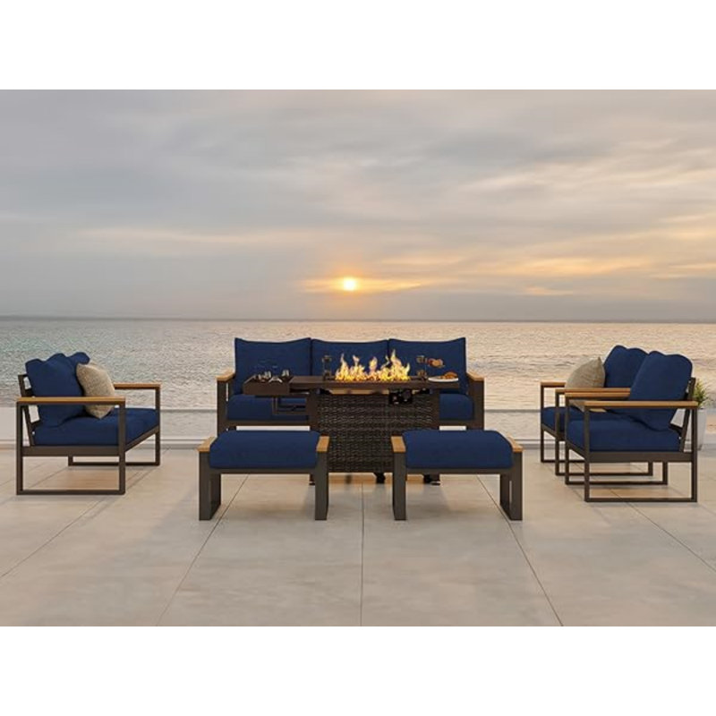 Ensemble de mobilier d'extérieur 5 pièces avec table de foyer et canapé pour 7 personnes, Bleu