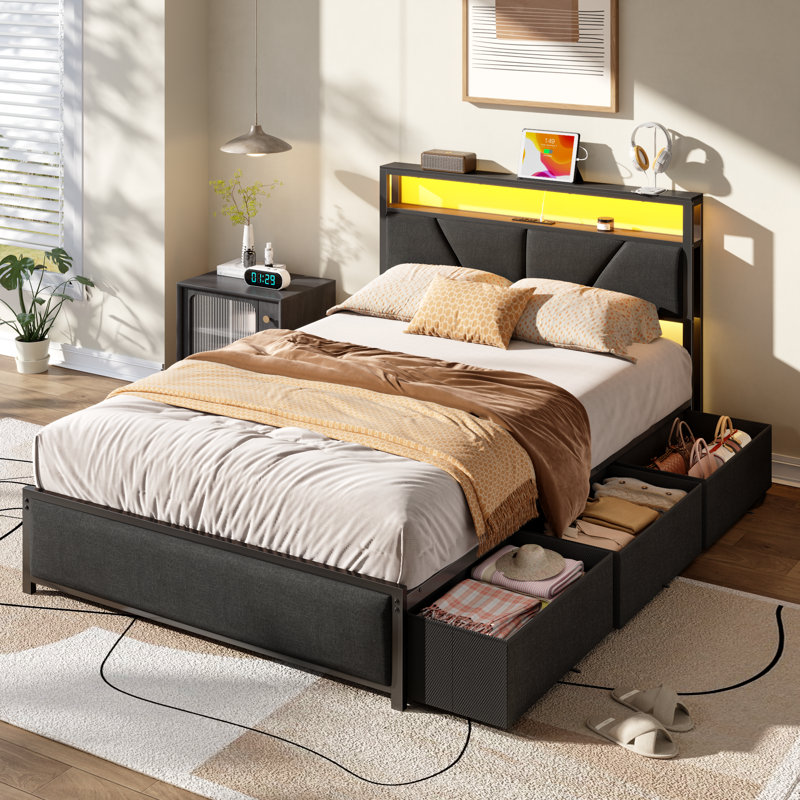 Structure de lit double avec 6 tiroirs sous le lit et tête de lit à rangement ouvert, lit plateforme tapissier avec lumière DEL réglable et station de charge, aucun sommier nécessaire