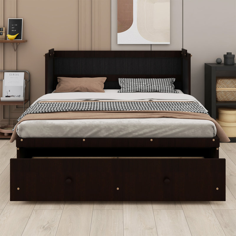 Lit escamotable avec port USB et grand tiroir, Double , Espresso