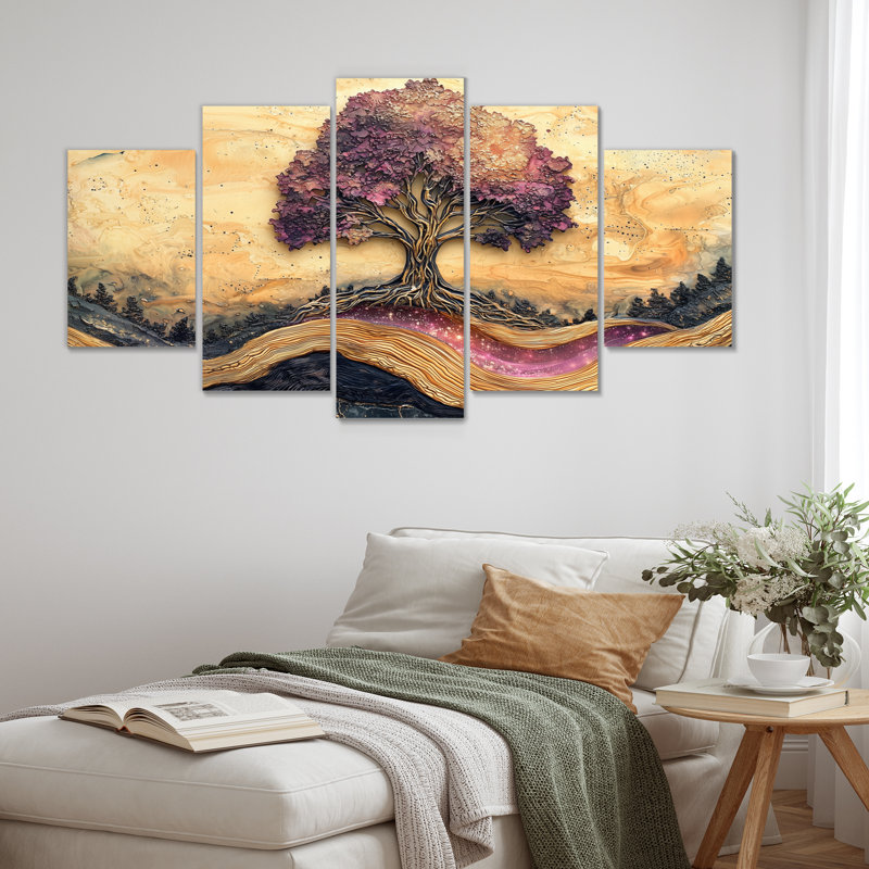 Arbre de vie bourgogne sur pierre, rivière I - art mural arbre de vie - art mural traditionnel pour le salon, 5 pièces
