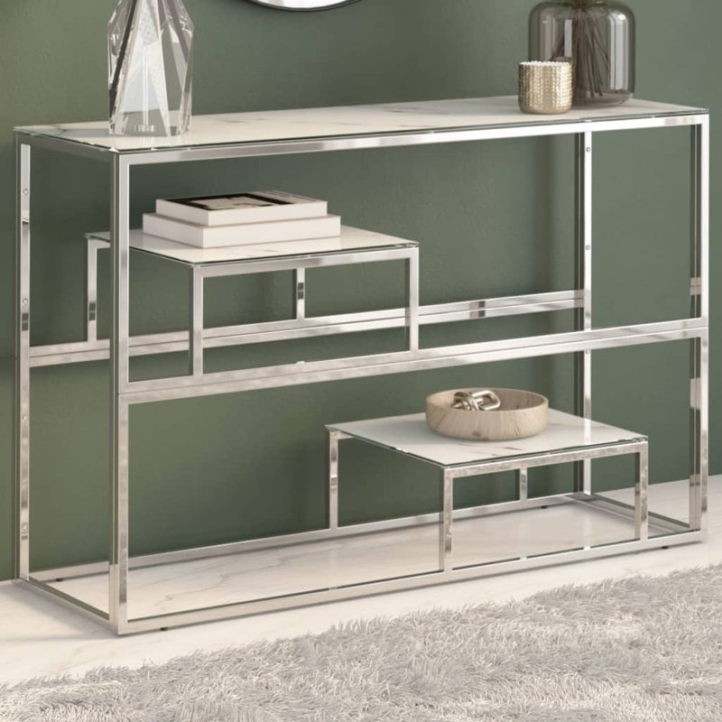 Geise 110cm Glass Top Console Table, White, Silver
