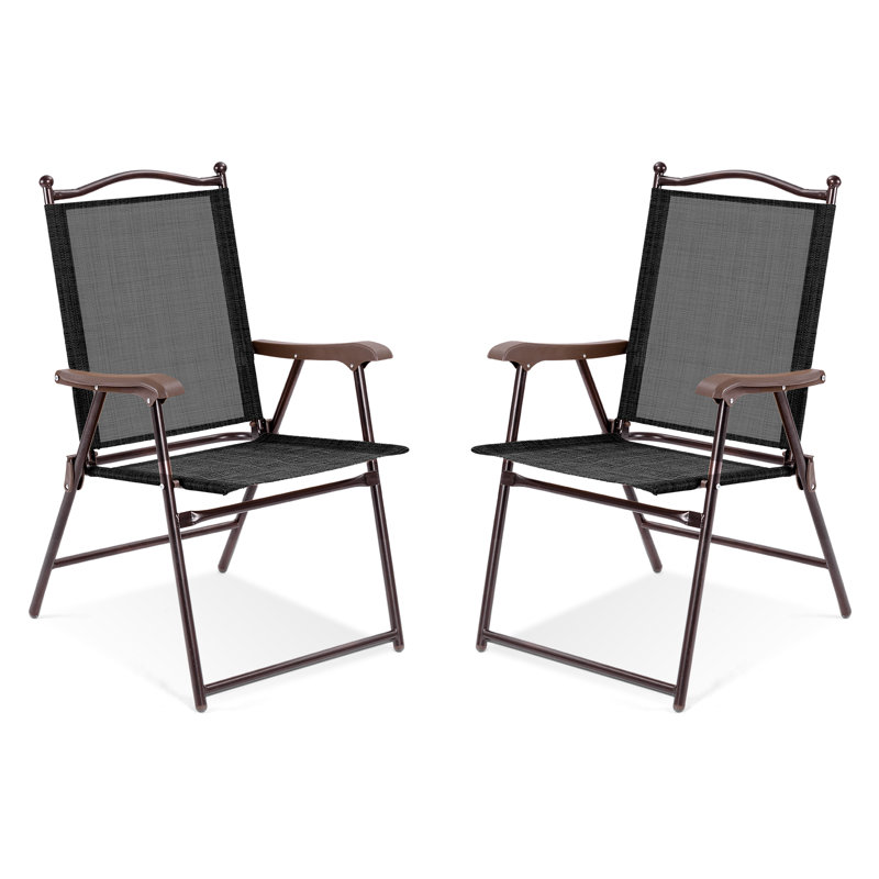 Set Of 2 Patio Folding Sling Back Camping Deck Chairs, Black