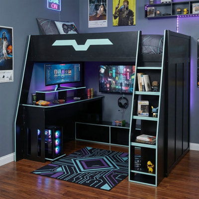 Lit mezzanine double en bois avec bureau réglable, tablettes multiples et lumière DEL RVB, bleu nuage