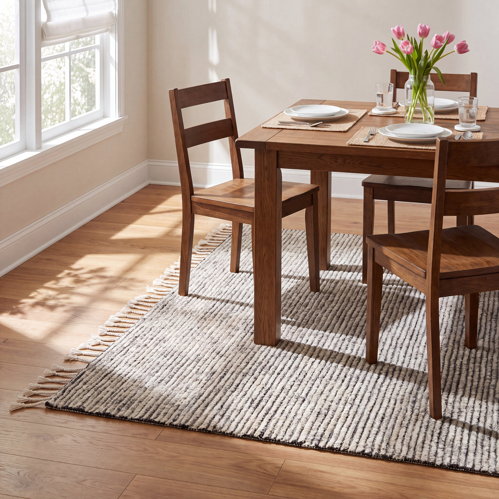 Swifton Gray Hand-Knotted Striped Wool Rug, Rectangle 5' x 8'