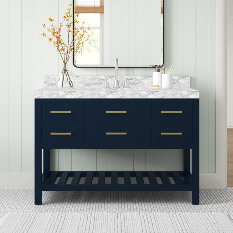 Ensemble de meuble-lavabo simple 48 po Carrie, Bleu héritage / or brossé, Marbre blanc de Carrare