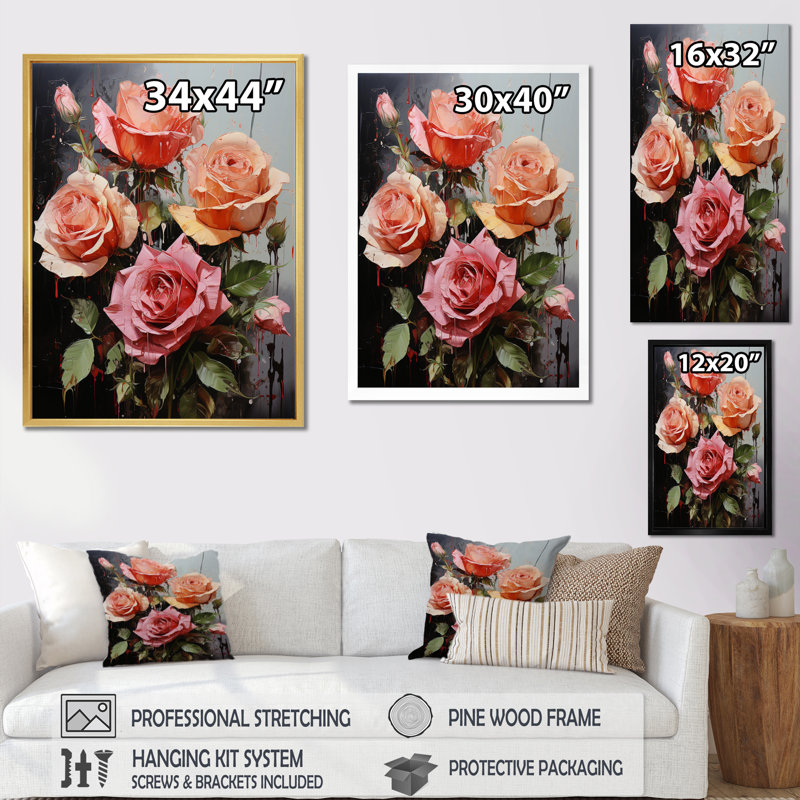 «Daezon Pink Ravish Roses Bouquet II», reproduction sur toile, Cadre photo noir, H 20 po x l 12 po x P 1 po