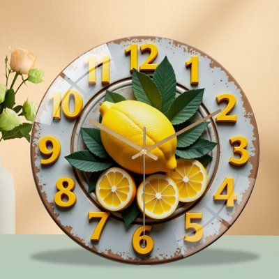 Rustic distressed wall clock centered with vivid lemon fruits, sleek flat yellow 2D numerals, silent sweep quartz mechanism with tempered glass cover. Bright citrus farmhouse design, lovely wall ornament for kitchen, breakfast nook and cafe.